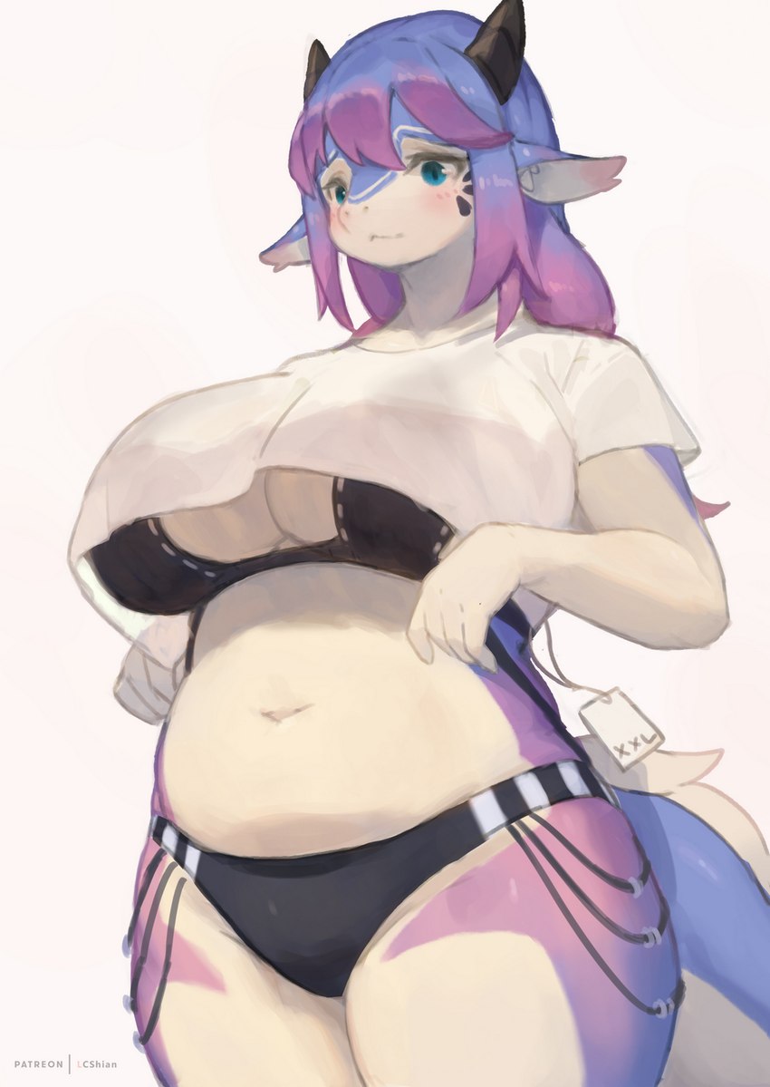 anthro belly big_breasts blue_eyes blue_hair blush blush_lines breasts clothed clothing female fingers hair horn kemono long_hair midriff multicolored_hair purple_hair shirt simple_background solo tail thick_thighs topwear two_tone_hair white_background white_clothing white_shirt white_topwear lcshian mythology lanya_(lcshian) dragon mythological_creature mythological_scalie scalie wingless_dragon 2023 artist_name hi_res shaded