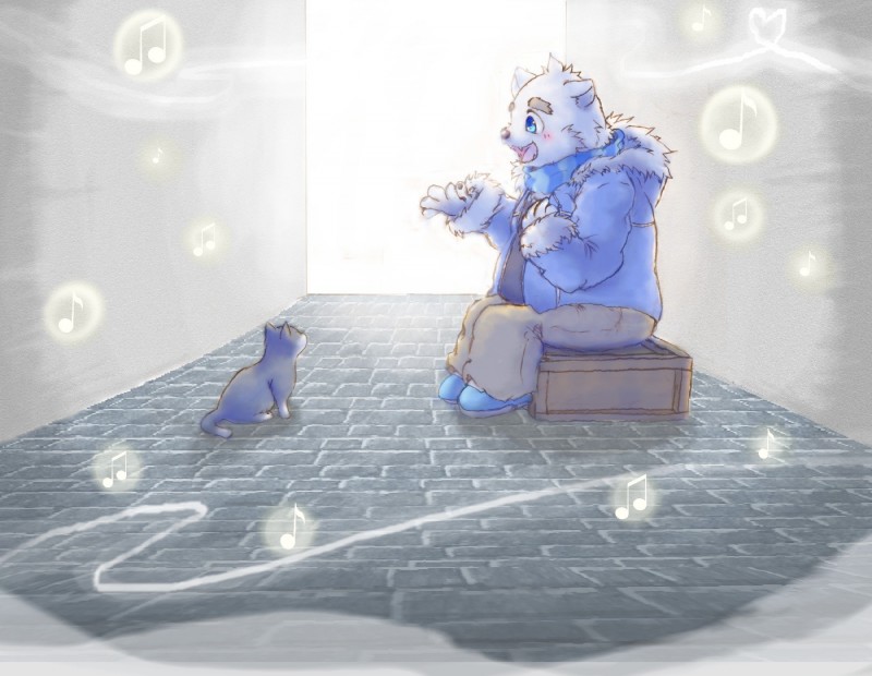 anthro blue_eyes blush bottomwear clothing duo feral fur humanoid_hands pants scarf singing sitting slightly_chubby sweater topwear white_body white_fur phantmail8 utau shirane_kan bear domestic_cat felid feline felis mammal polar_bear ursine 2019 hi_res