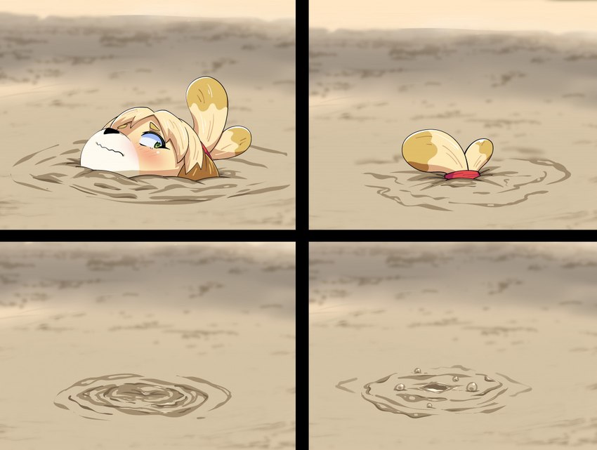 4_panel_comic accessory anthro asphyxiation blonde_hair blush bubble drowning eyebrows eyelashes female fur green_eyes hair hair_accessory hair_tie imminent_death mud outside quicksand sand short_hair sinking solo tan_body tan_fur yellow_body yellow_fur oppaihobby animal_crossing nintendo isabelle_(animal_crossing) canid canine canis domestic_dog mammal shih_tzu toy_dog 2021 comic