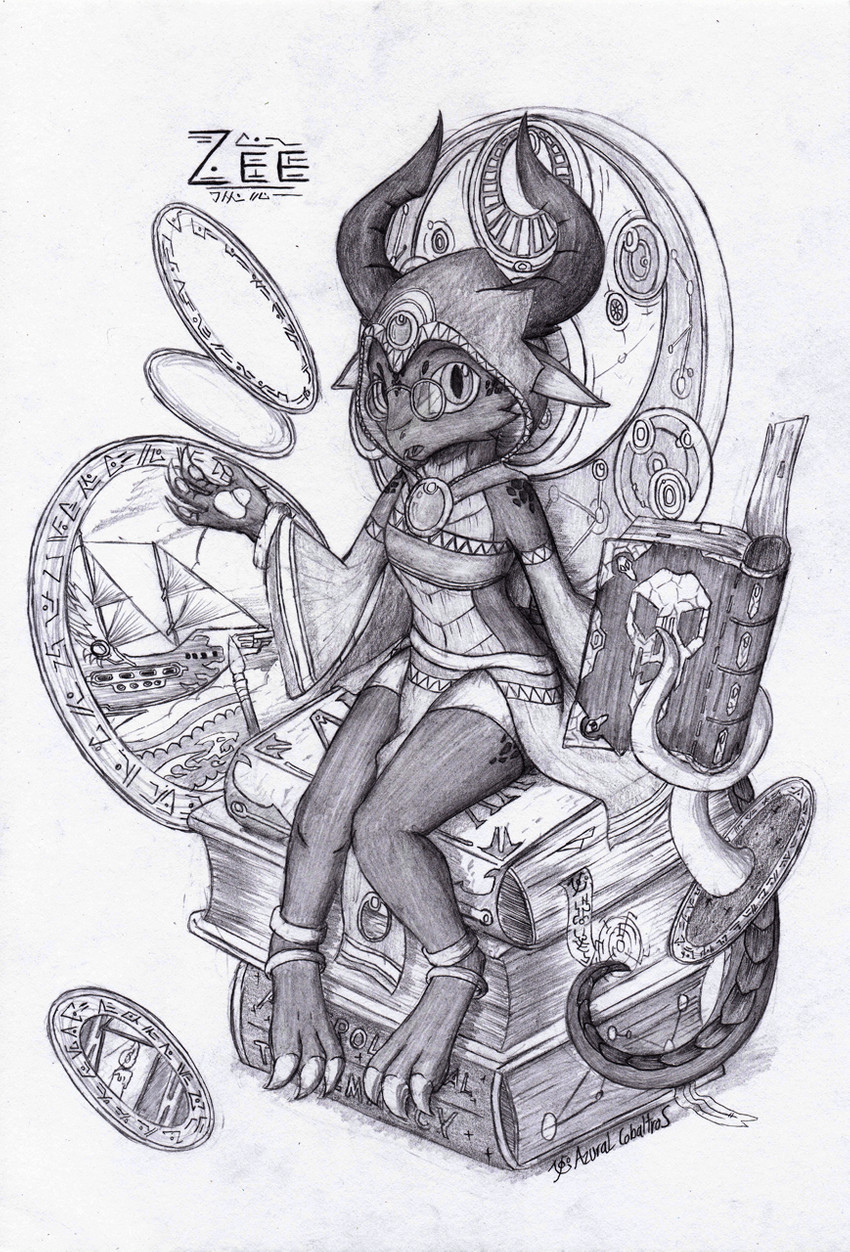 3_toes aircraft airship anklet anthro barefoot book cloak clothing color_request eyewear feet female glasses hood horn jewelry magic_user mirror necklace solo tentacles toes vehicle azural_cobaltros zee kobold greyscale hi_res monochrome traditional_media_(artwork)