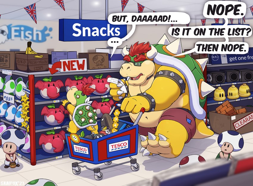 anthro banana block egg food fruit grocery_shopping group male mushroom_cap plant pow_block shopping_cart super_star text yoshi_egg skaifox mario_bros nintendo tesco bowser bowser_jr. blooper bob-omb bullet_bill koopa scalie toad_(mario) 2023 english_text hi_res father_(lore) father_and_child_(lore) father_and_son_(lore) parent_(lore) parent_and_child_(lore) parent_and_son_(lore) son_(lore)