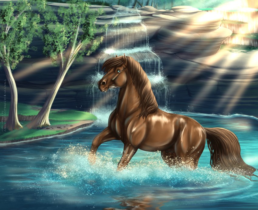 animal_genitalia balls blue_eyes brown_body brown_hair brown_mane brown_tail cliff detailed_background feral genitals hair light light_beam male mane partially_submerged plant sheath solo sunbeam sunlight tail tree water waterfall aestheaugust dolero equid equine horse mammal 2022 digital_media_(artwork)