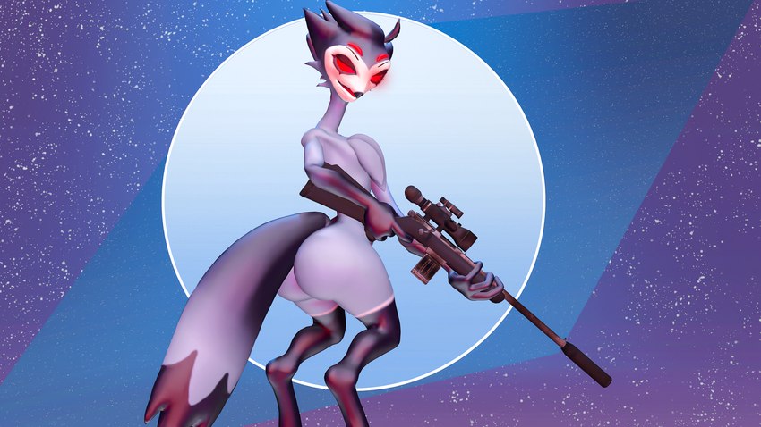 anthro big_butt butt feathers fur gun hair looking_at_viewer male multi_eye nude open_mouth ranged_weapon red_eyes rifle simple_background sniper_rifle solo tail tail_feathers weapon gomifox helluva_boss stolas_(helluva_boss) avian bird demon owl owl_demon 16:9 3d_(artwork) 4k absurd_res digital_media_(artwork) hi_res source_filmmaker_(artwork) widescreen