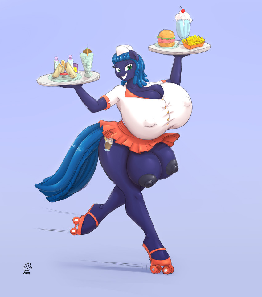 anthro beverage big_breasts big_teats bottomwear breasts breasts_and_teats burger carhillion_of_the_fold carhop clothed clothing cutie_mark female food fries holding_object inline_skates meal microskirt milkshake miniskirt nipple_outline nipples roller_skates serving serving_beverage serving_food serving_milkshake skirt solo tail tail_under_skirt teats tray waiter badgerben hyperstorm_h hasbro my_little_pony fan_character midnight_malt_(oc) equid equine mammal 2021 absurd_res hi_res