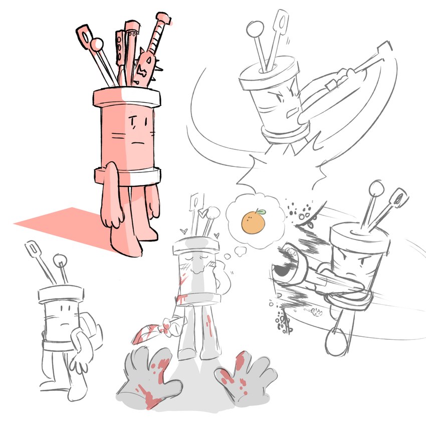 backpack blood blood_on_hand blood_on_knife blush blush_lines bodily_fluids food fruit hearts_around_head hitting hitting_another knife larva looking_at_viewer male orange_(fruit) parasite plant solo thought_bubble weapon chesterfern object_shows objectified_(webcomic) spool_(objectified) animate_inanimate arthropod hominid_object humanoid insect 1:1 absurd_res concept_art hi_res sketch