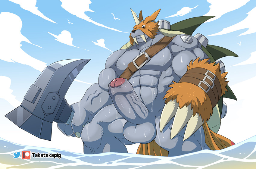 anthro balls claws erection foreskin genitals grey_body horn humanoid_genitalia humanoid_penis male muscular muscular_anthro muscular_male pecs penis solo unretracted_foreskin vein veiny_penis water wet takataka bandai_namco digimon digimon_(species) zudomon 2020