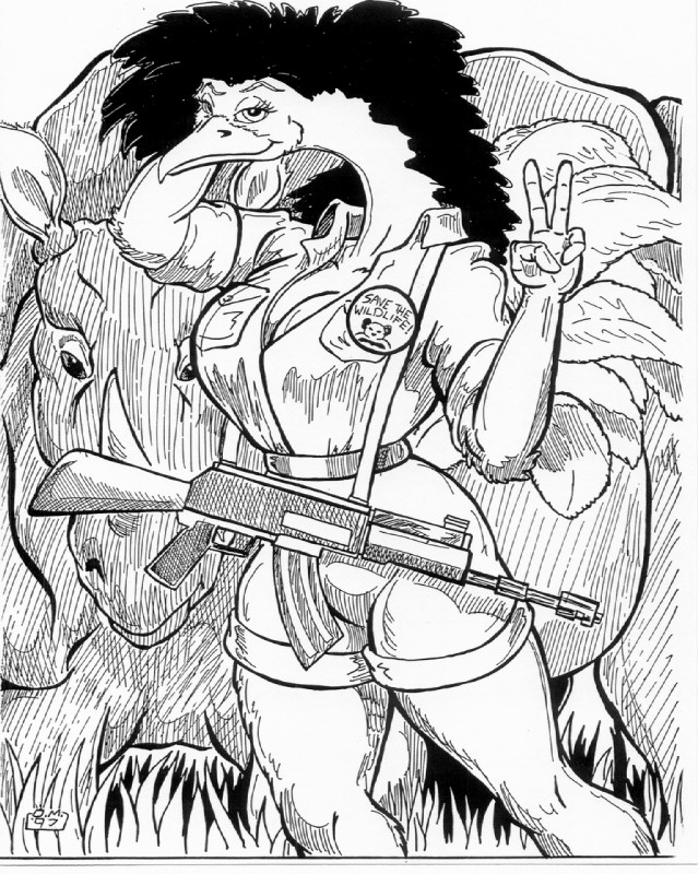 accessory anthro assault_rifle big_breasts bottomwear breasts clothing duo feathers female feral gesture grass gun hand_gesture long_neck looking_at_viewer outside pin_accessory pin_button plant pose ranged_weapon ranger rifle savanna shorts text v_sign weapon oscar_marcus avian bird mammal masai_ostrich ostrich ratite rhinoceros 1997 black_and_white english_text greyscale monochrome pen_(artwork) pinup traditional_media_(artwork)