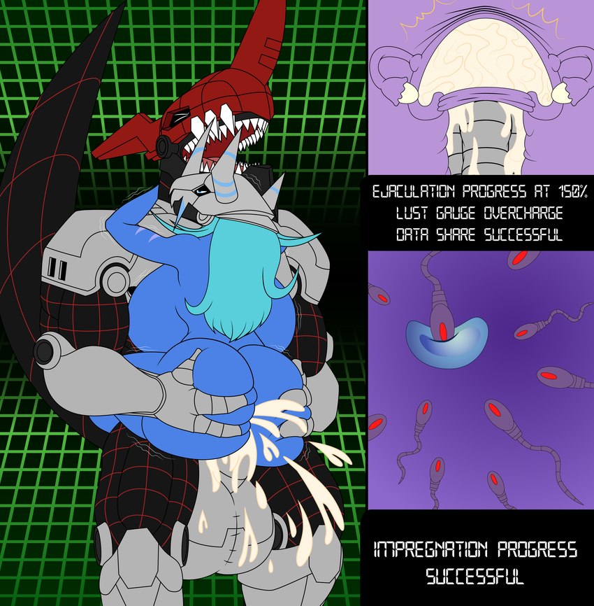 anthro armor balls big_balls big_breasts big_butt big_penis bodily_fluids breasts butt cum cum_inside duo ejaculation eyes_closed fallopian_tubes female genital_fluids genitals hair headgear helmet huge_breasts impregnation internal male male/female muscular muscular_anthro muscular_male non-mammal_breasts nude open_mouth ovaries ovum penetration penis sex sperm_cell teal_hair text thick_thighs uterus vaginal vaginal_penetration danielssj bandai_namco digimon aria_(danielssj) unarmored_chaosdramon chaosdramon digimon_(species) wargreymon 2019 absurd_res digital_media_(artwork) english_text hi_res