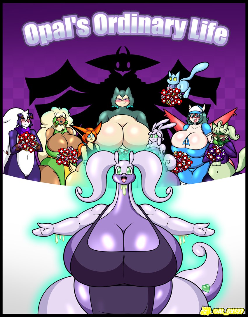 anthro apron apron_only belly big_breasts breasts casual_nudity clothing female flower group huge_breasts male mature_female overweight plant purple_body shadow slightly_chubby slime smile text al_gx nintendo pokemon opal_(al_gx) pearl_(al_gx) robin_(hazby) floragato generation_1_pokemon generation_3_pokemon generation_4_pokemon generation_5_pokemon generation_6_pokemon generation_7_pokemon generation_9_pokemon giratina goodra latias legendary_pokemon lycanroc mew_(pokemon) pokemon_(species) sliggoo snorlax victini whimsicott absurd_res comic cover cover_art cover_page english_text hi_res story