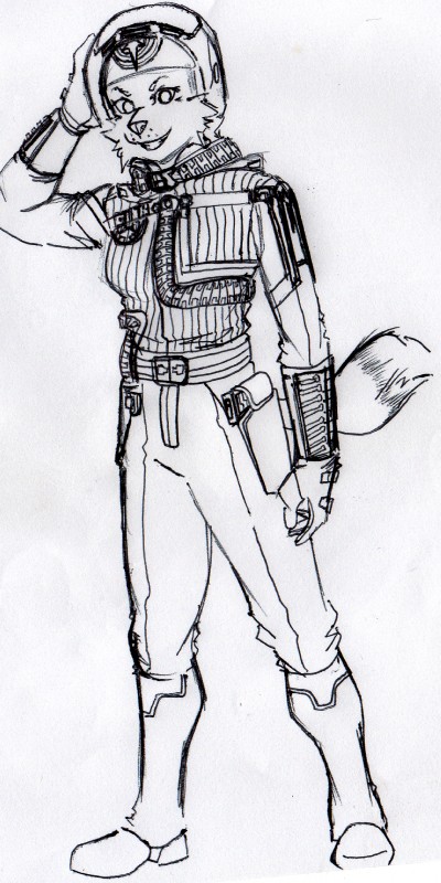 anthro armor belt biped boots clothing components electronics fabric fangs footwear gun handgun headgear helmet holster insignia logo pilot_helmet pilot_suit pistol ranged_weapon shoes smile solo standing stare starfighter_pilot suit teeth weapon harpseal the_last_starfighter maggie_(harpseal) canid canine fox mammal 1:2 2018 hi_res