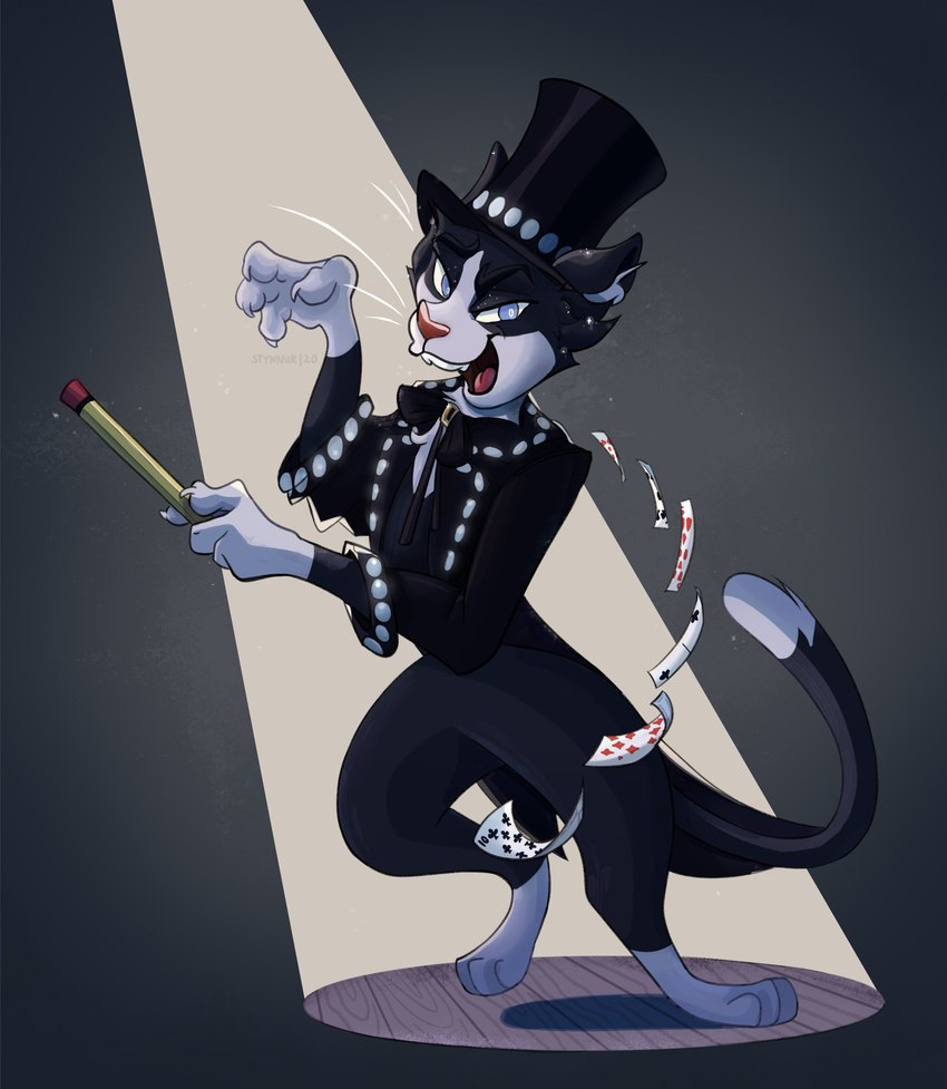 4_fingers anthro black_body black_fur blue_eyes bow_tie button_(fastener) card claws clothing digitigrade featureless_crotch fingers fur hat headgear headwear holding_object jacket looking_at_viewer magic male narrowed_eyes open_mouth paws pencil_(object) simple_background smile solo spotlight standing teeth tongue top_hat topwear whiskers white_body white_fur writing_utensil wooldeiv cats_(movie) mr._mistoffelees domestic_cat felid feline felis mammal tuxedo_cat 2020 absurd_res digital_drawing_(artwork) digital_media_(artwork) hi_res