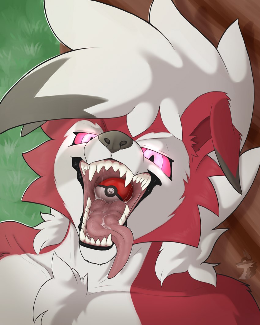 ambiguous_gender anthro biped fur mouth_shot object_ingestion object_vore open_mouth oral_vore pokeball pokeball_in_mouth pokeball_vore solo swallowing_pokeball tongue tongue_out vore white_body white_fur arkailart nintendo pokemon canid canine generation_7_pokemon lycanroc mammal midnight_lycanroc pokemon_(species) digital_drawing_(artwork) digital_media_(artwork) hi_res