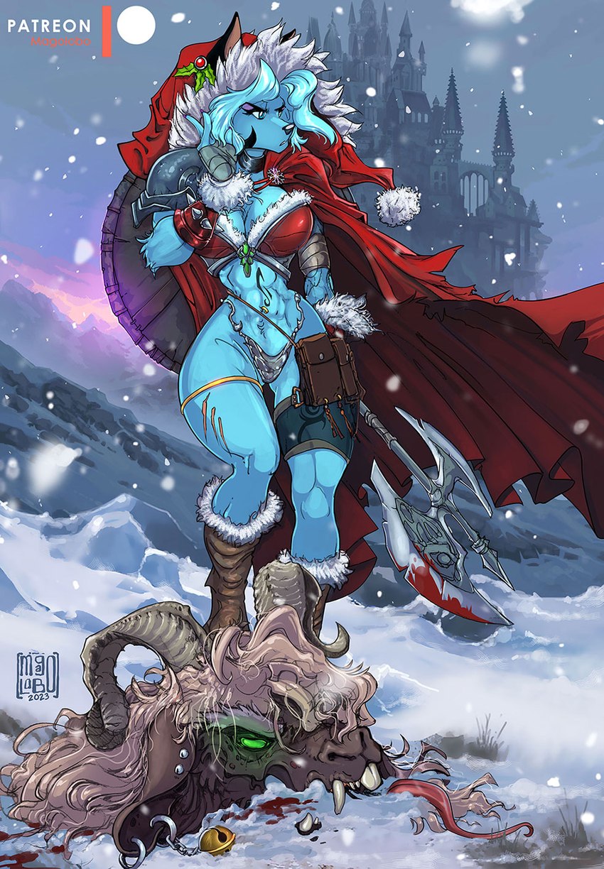 anthro axe big_breasts black_nose blood blood_on_weapon bodily_fluids boots breasts cape christmas_clothing cleavage clothed clothing decapitation female footwear fur hair holidays horn navel outside severed_body_part severed_head shield shoes snow snowing solo standing thong underwear weapon white_body white_fur white_hair magolobo christmas raksha_(magolobo) bovid canid canine canis caprine caprine_demon demon goat_demon mammal wolf 2023 hi_res