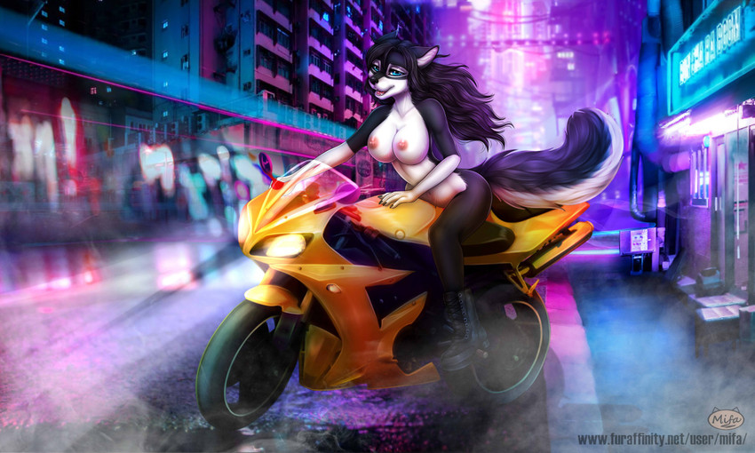 5_fingers anthro areola black_body black_fur black_hair black_nose blue_eyes breasts city detailed_background eyebrows eyelashes female fingers fur hair motorcycle night nipples open_mouth outside r6 solo tail teeth tongue vehicle white_body white_fur mifa yamaha thirrin_(grishmark) canid canine canis domestic_dog mammal 2020 5:3 digital_media_(artwork)