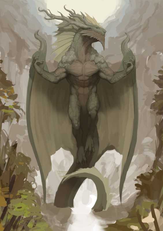 abs detailed_background digitigrade fin floating forest green_body green_scales green_skin horn male membrane_(anatomy) membranous_wings muscular muscular_male nude outside pecs plant scales solo tail tree wings pacelic mythology dragon mythological_creature mythological_scalie reptile scalie absurd_res hi_res