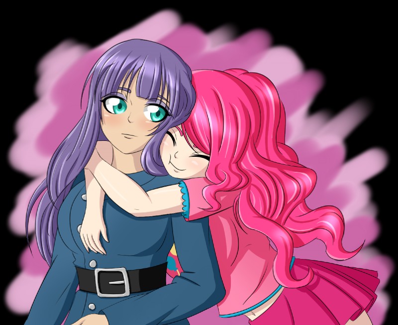 alternate_species belt big_breasts breasts clothed clothing duo eyes_closed female green_eyes hair hug human_only humanized not_furry pink_hair purple_hair zantyarz friendship_is_magic hasbro my_little_pony maud_pie_(mlp) pinkie_pie_(mlp) human mammal 2014 alpha_channel grandfathered_content sibling_(lore) sister_(lore) sisters_(lore)