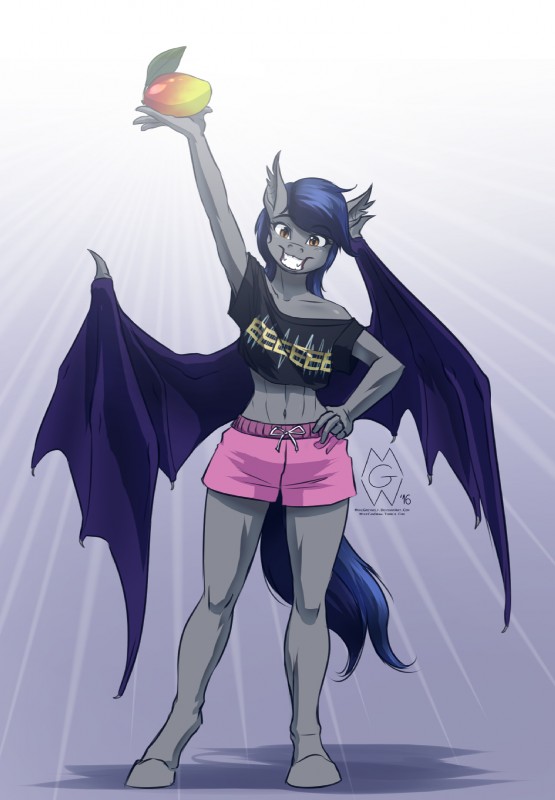 abs anthro barefoot bat_wings biped blue_hair bottomwear clothed clothing feet female food fruit hair looking_at_viewer mango_(fruit) membrane_(anatomy) membranous_wings midriff navel off_shoulder plant shirt shorts simple_background smile solo spread_wings teeth topwear wings mykegreywolf hasbro my_little_pony echo_(oc) fan_character bat_pony equid mammal 2016 hi_res