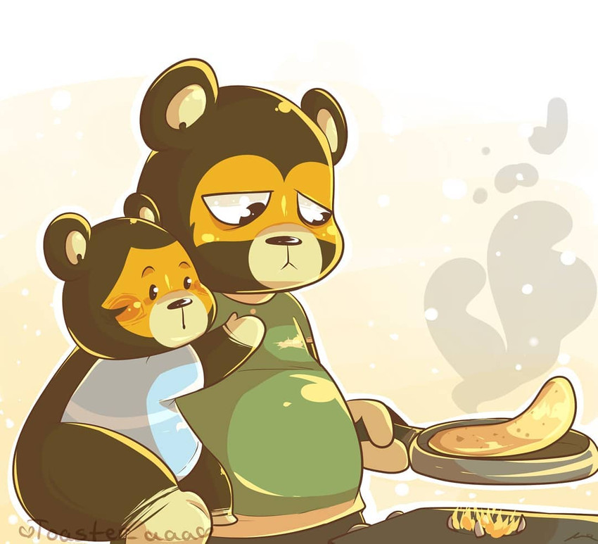 anthro belly brown_body brown_fur carrying_another clothing cooking duo flipping_pancake food fur good_parenting male overweight overweight_male pancake shirt topwear young young_anthro toaster_aaa animal_crossing nintendo ike_(animal_crossing) poko_(animal_crossing) bear mammal 2020 father_(lore) father_and_child_(lore) father_and_son_(lore) parent_(lore) parent_and_child_(lore) parent_and_son_(lore) son_(lore)