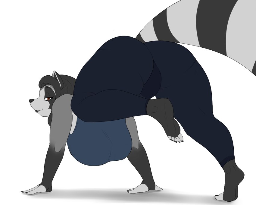 big_breasts big_butt bottomwear breasts butt clothed clothing female hair looking_at_viewer looking_back pants smile solo thick_thighs tight_clothing topwear yoga_pants blackbetty franciene_(tango's_family) mammal procyonid raccoon 5:4