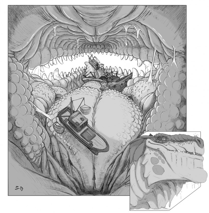 ambiguous_gender boat bodily_fluids cutaway feral feral_pred fishing_net inside_mouth macro macro_pred net object_vore open_mouth oral_vore reverse_mouth_shot saliva snout solo text tongue unusual_anatomy unusual_tongue vehicle vore watercraft 5-d godzilla_(series) toho zilla reptile scalie 2024 artist_name greyscale hi_res monochrome watermark