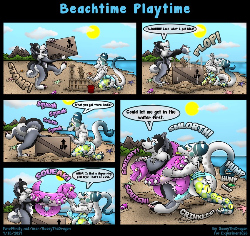 anthro beach box charmie clothed clothing container diaper duo erection erection_in_diaper female humping inflatable inflatable_with_baby_seat inner_tube looking_back male open_mouth pool_toy sand sand_castle sculpture speech_bubble swim_ring swim_ring_with_face text tongue tongue_out toothy_grin water wearing_diaper gooeythedragon kiba_(zoran) radio_the_husky zoran animate_inanimate canid canine canis dinosaur domestic_dog husky living_inflatable mammal nordic_sled_dog prehistoric_species reptile scalie spitz theropod tyrannosaurid tyrannosauroid tyrannosaurus tyrannosaurus_rex absurd_res alpha_channel comic english_text hi_res