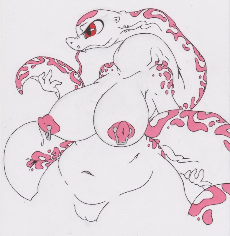 albino anthro breasts facial_piercing fangs female furgonomics furry-specific_piercing genitals muzzle_piercing nipple_piercing nipples non-mammal_breasts non-mammal_nipples nose_piercing nude piercing pussy red_eyes scan simple_background solo tail teeth white_background satinsquid_(artist) reptile scalie snake absurd_res hi_res line_art monochrome