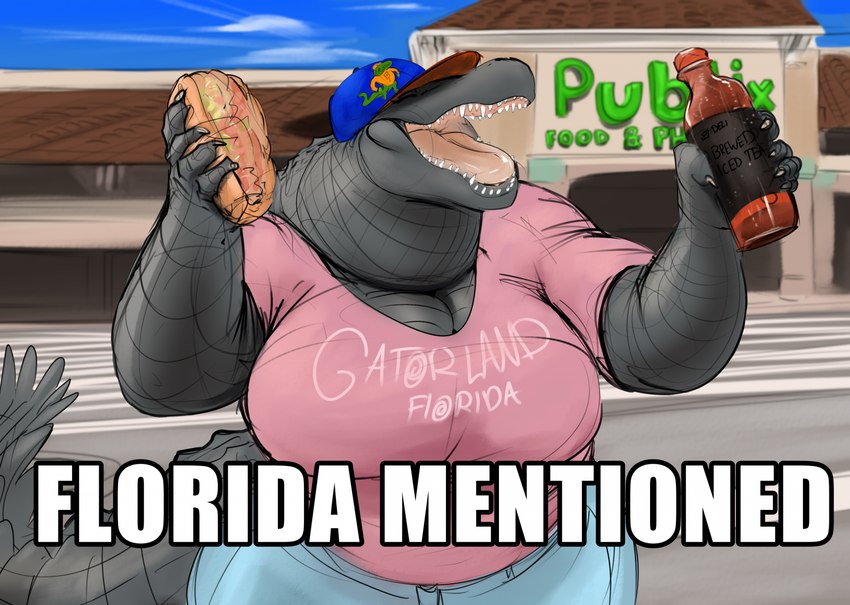 5_fingers anthro beverage big_breasts bottomwear breasts cleavage clothed clothing day female fingers food grey_body hat headgear headwear huge_breasts non-mammal_breasts open_mouth outside pants sandwich_(food) shirt solo t-shirt tail teeth text text_on_clothing text_on_topwear tongue topwear doctordj florida_gators publix olivia_(doctordj) alligator alligatorid crocodilian reptile scalie english_text hi_res