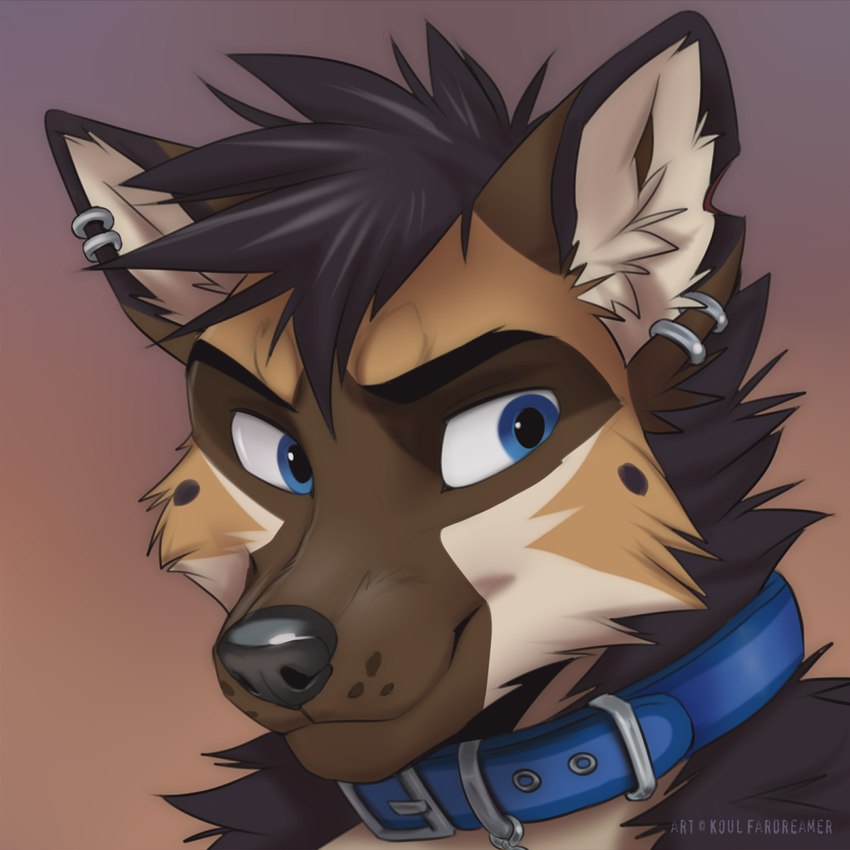 anthro black_nose brown_body brown_fur collar ear_piercing ear_ring fur inner_ear_fluff male piercing ring_piercing solo tan_body tan_fur tuft koul canid canine canis domestic_dog mammal 1:1 2023 digital_media_(artwork)