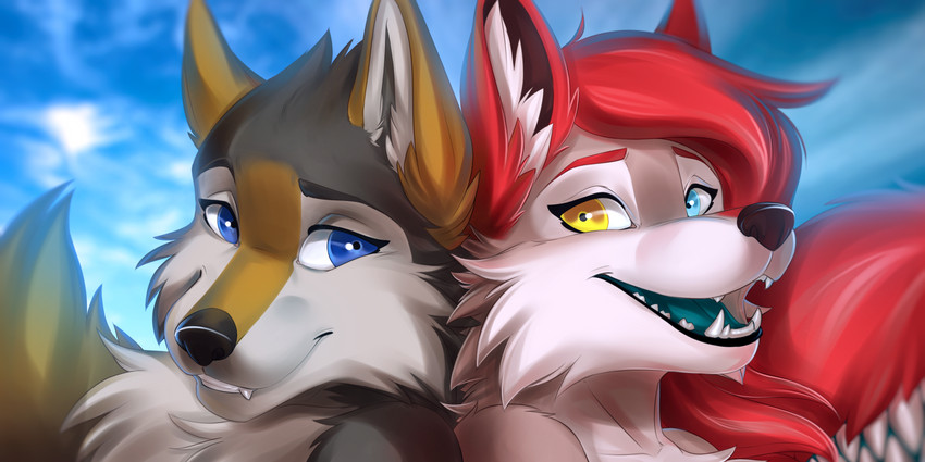 anthro duo family female female/female heterochromia sky tail tail_mouth unusual_anatomy unusual_tail tril-mizzrim legend_of_ahya ahya_(legend_of_ahya) fan_character murana_wolford_(darkflame-wolf) taylor_renee_wolford_(darkflamewolf) canid canine canis mammal wolf 2:1 bust_portrait hi_res portrait daughter_(lore) mother_(lore) mother_and_child_(lore) mother_and_daughter_(lore) parent_(lore) parent_and_child_(lore) parent_and_daughter_(lore)