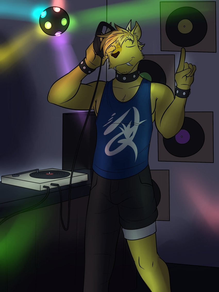 anthro bottomwear clothed clothing collar electronics fully_clothed headphones male pants record_player rolled_up_pants shirt solo tank_top topwear vinyl_record wristband fuze dj_strap cervine deer mammal muntjac 3:4 hi_res