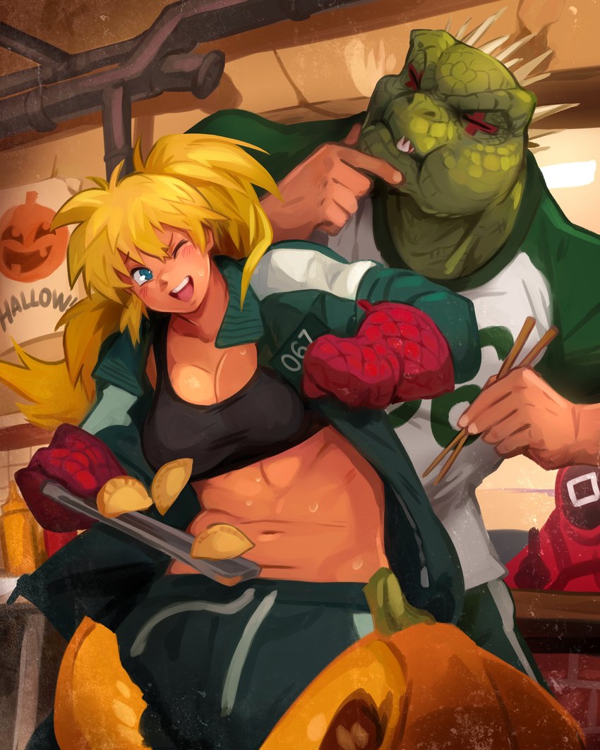 anthro athletic_wear blonde_hair bottomwear bra breasts cleavage clothed clothing collarbone cosplay costume dumplings eating female food for_a_head gym_uniform gyoza hair halloween_costume handwear holidays hood hoodie jacket jiaozi long_hair long_sleeves male mask medium_breasts muscular navel one_eye_closed open_clothing open_jacket open_topwear oven_mitts pants partially_clothed pink_clothing pink_hoodie pink_topwear ponytail smile sports_bra sportswear tongs tools topwear track_jacket track_pants tracksuit underwear uniform khyleri dorohedoro halloween squid_game guard_(squid_game) kaiman_(dorohedoro) nikaido_(dorohedoro) animal_head human humanoid lizard mammal reptile scalie 4:5 absurd_res crossover hi_res