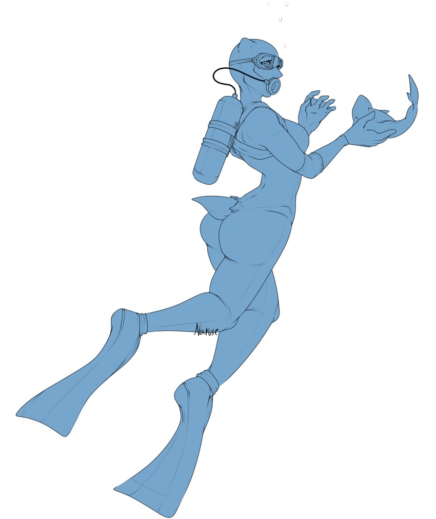 clothing diving diving_suit female fin looking_back mid_transformation oxygen_tank scuba_diver simple_background solo swimming swimwear tight_clothing torn_clothing transformation narusewolf fish human humanoid mammal marine shark hi_res sequence