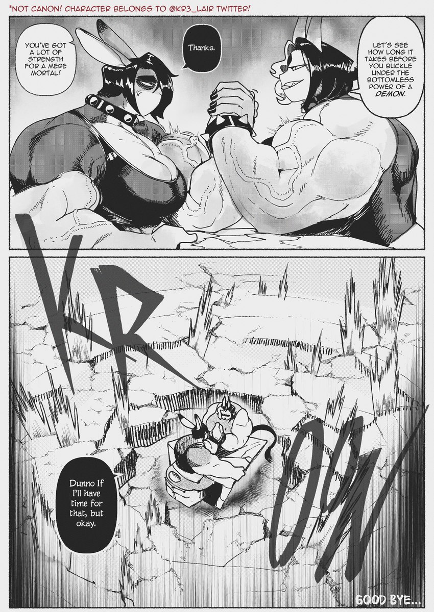 anthro arm_wrestling breasts collar dialogue duo female hair looking_at_another muscular muscular_anthro muscular_female onomatopoeia pecs pecs_with_breasts short_hair sitting sound_effects speech_bubble text vein veiny_muscles peculiart asian_mythology bun_bash east_asian_mythology japanese_mythology mythology kuroe_(kur03art) ruth_(peculiart) demon hare humanoid lagomorph leporid mammal oni rabbit yokai 2023 absurd_res black_and_white comic digital_media_(artwork) english_text hi_res monochrome