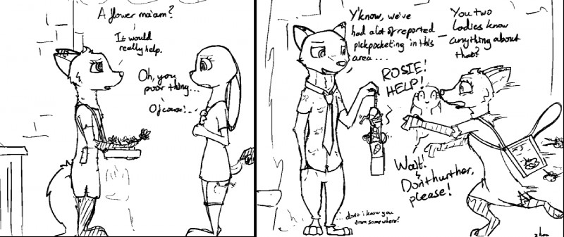 anthro clothed clothing dialogue female group male text zhanbow disney zootopia judy_hopps melody_(zhanbow) nick_wilde rosie_(zhanbow) canid canine fox lagomorph leporid mammal rabbit red_fox true_fox black_and_white comic english_text monochrome