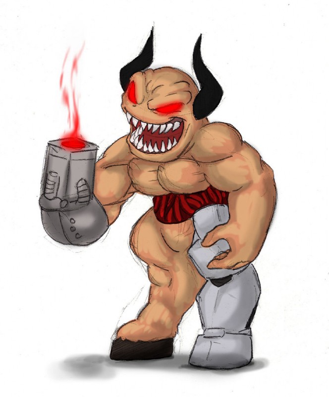 big_muscles black_hooves cybernetics glowing glowing_eyes gun_arm hooves horn humanoid_hands machine male muscular muscular_humanoid muscular_male not_furry nude open_mouth open_smile prosthetic prosthetic_leg prosthetic_limb ranged_weapon red_eyes rocket_launcher sharp_teeth simple_background smile solo standing teeth toony weapon white_background mickeymonster doom_(series) id_software microsoft devil_(mickeymonster) cyberdemon cyborg demon demon_humanoid horned_humanoid humanoid colored_sketch sketch