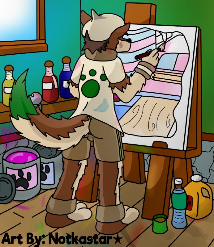 anthro bottomwear brush butt clothed clothing day easel fluffy fur hair light male maple_syrup paint paintbrush paws print raised_tail shorts solo sunlight tail text window conditional_dnp notkastar nintendo pokemon fan_character nikolai_stevenson canid canine generation_2_pokemon mammal pokemon_(species) smeargle 2017 digital_media_(artwork) english_text hi_res sketch