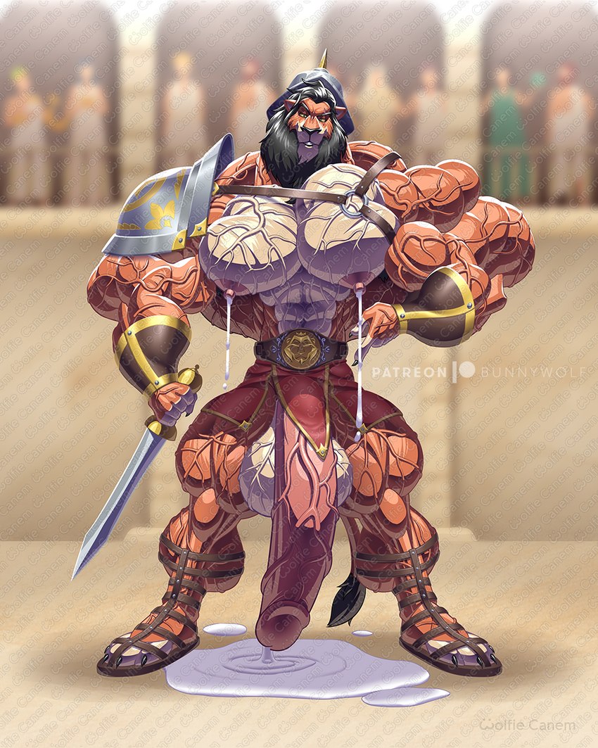 anthro balls big_balls big_muscles bodily_fluids cum genital_fluids genitals greek_armor huge_balls huge_muscles huge_thighs hyper hyper_balls hyper_biceps hyper_genitalia hyper_muscles hyper_thighs lactating male male_lactation muscular penis solo thick_thighs vein veiny_muscles veiny_penis wolfiecanem disney the_lion_king scar_(the_lion_king) felid lion mammal pantherine 4:5 hi_res