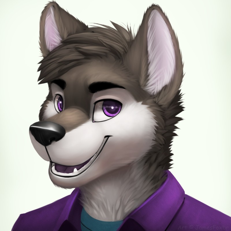 anthro clothed clothing fangs looking_at_viewer male open_mouth purple_eyes simple_background smile solo teeth white_background jamesfoxbr faust_(crazy-husky) canid canine canis mammal wolf 1:1 digital_media_(artwork) shaded