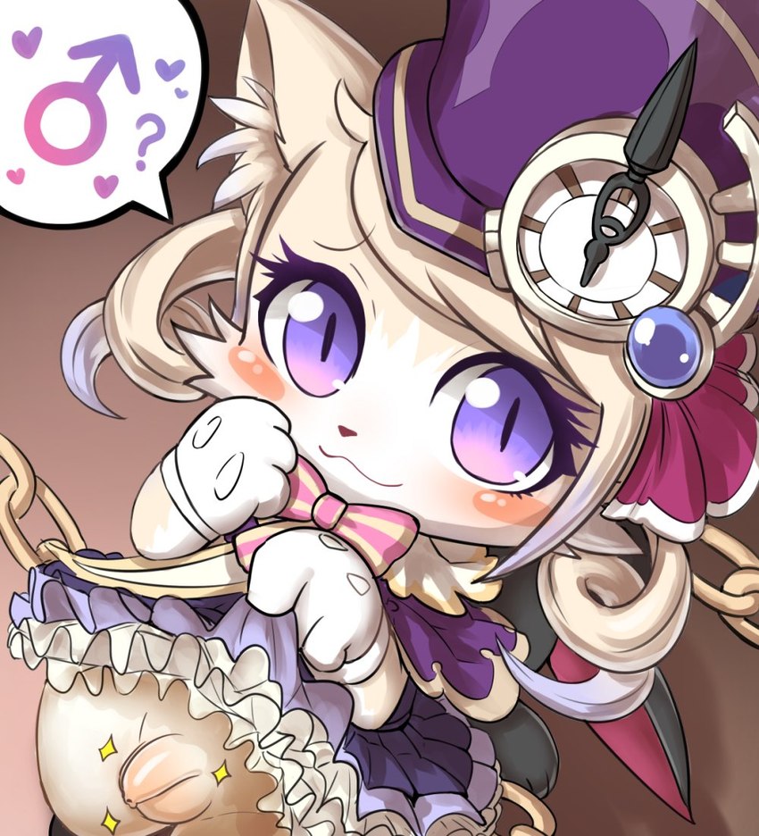 anthro balls blush bow_tie clock clothed clothing clothing_lift coy crossdressing femboy flaccid foreskin frilly frilly_clothing fur gender_symbol genitals gloves handwear kemono looking_at_viewer male male_symbol penis pigtails pink_male_symbol plushie purple_eyes solo sparkles speech_bubble symbol tan_body tan_fur young hanuvo cat_busters chrona_(cat_busters) domestic_cat felid feline felis mammal 2022