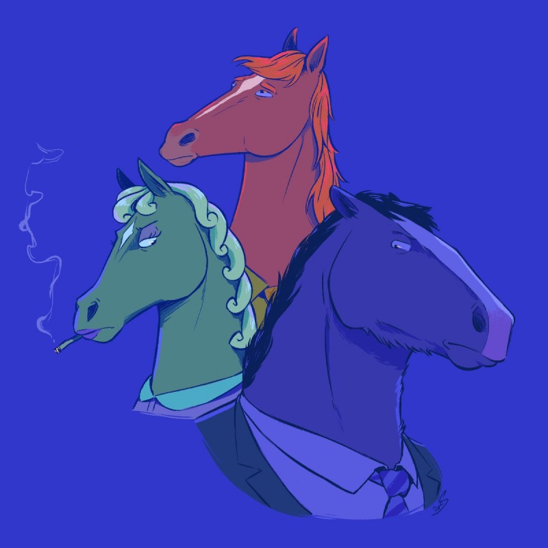 anthro cigarette clothed clothing female group hair looking_at_viewer looking_from_above looking_up makeup male mane necktie red_hair simple_background smoking suit trio fawndog bojack_horseman netflix beatrice_horseman butterscotch_horseman secretariat_(bojack_horseman) equid equine horse mammal 1:1 2020 hi_res signature unavailable_at_source