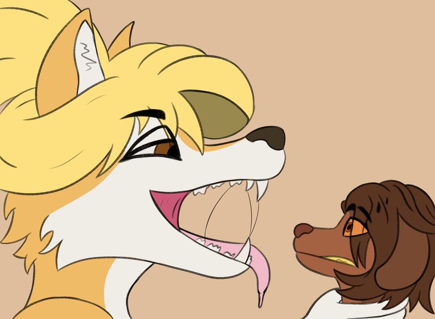 anthro blonde_hair bodily_fluids dominant dominant_female duo female hair holding_neck male male/female open_mouth predator/prey saliva scared size_difference teeth tongue tongue_out vore weks weksoida jen_(scottc) canid canine fox mammal digital_media_(artwork) hi_res