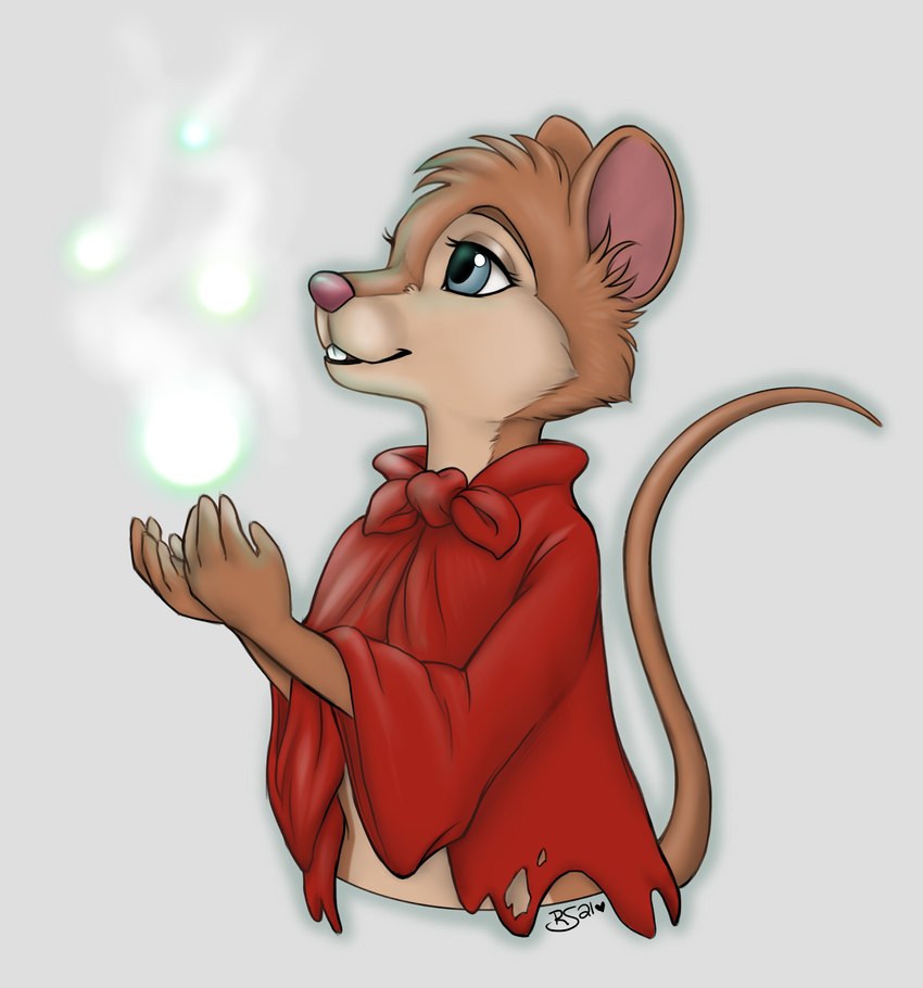 anthro blue_eyes cape clothing female glowing runestone simple_background smoke solo torn_clothing don_bluth the_secret_of_nimh mrs._brisby mammal mouse murid murine rodent wood_mouse absurd_res half-length_portrait hi_res portrait