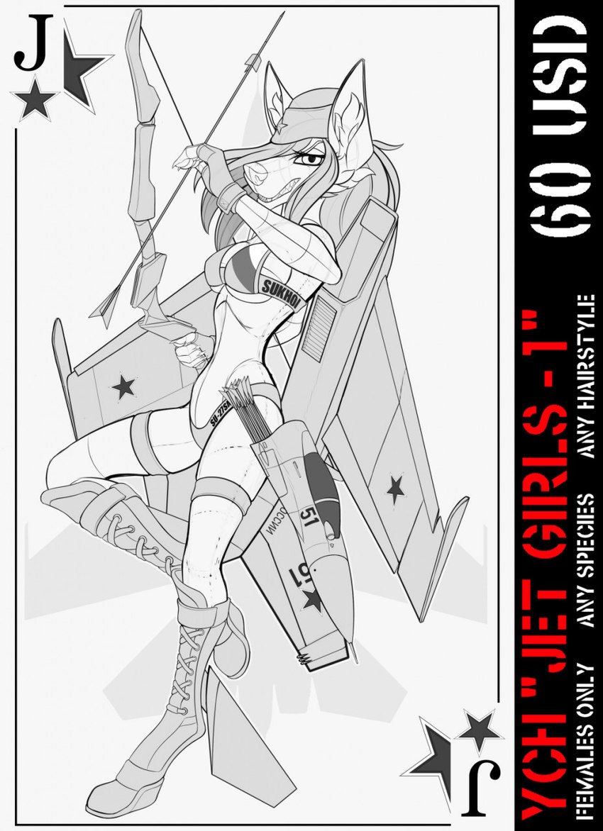 advertisement anthro arrow_(weapon) bow_(weapon) breasts card card_template clothed clothing feet female fingers hair inner_ear_fluff looking_at_viewer playing_card playing_card_template quiver_(object) ranged_weapon solo su-27 toes tuft weapon tales_foxdale sukhoi canid canine mammal 2021 digital_media_(artwork) hi_res