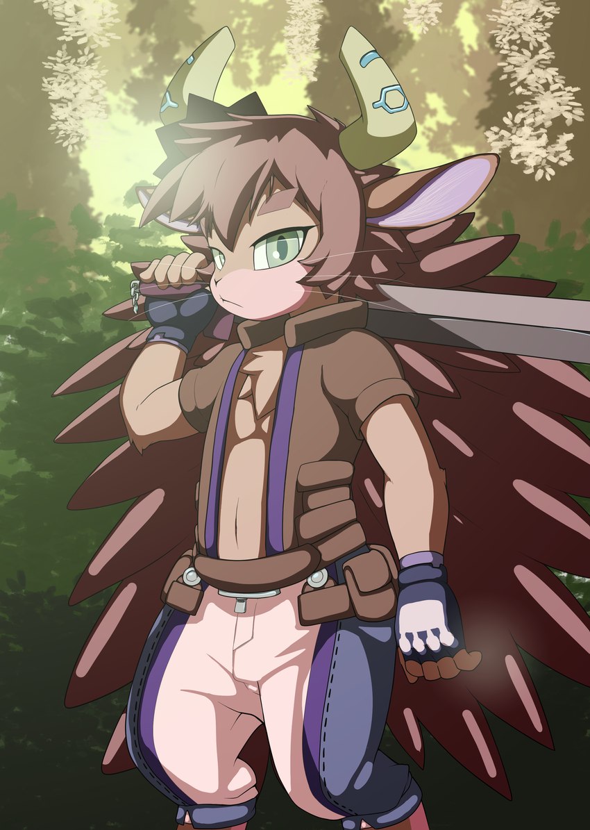 anthro brown_body brown_clothing clothing holding_object holding_weapon horn looking_at_viewer male melee_weapon sword weapon vulapa yu-gi-oh! beat_bladesman_fur_hire fur_hire duel_monster eulipotyphlan hedgehog mammal absurd_res hi_res