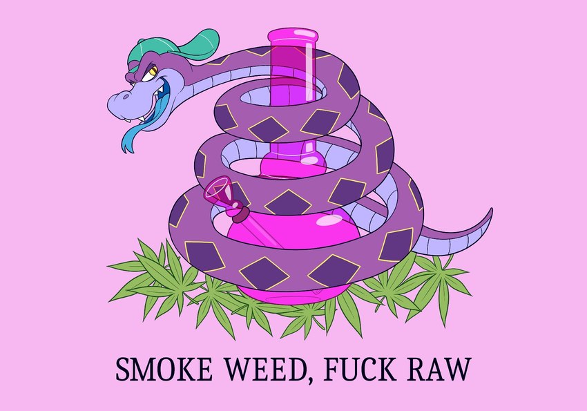 anthro backwards_baseball_cap backwards_hat baseball_cap blue_tongue bong clothing diamond_(marking) drugs forked_tongue gadsden_flag green_clothing green_hat green_headwear hat headgear headwear male marijuana marijuana_leaf markings open_mouth open_smile parody pink_background profanity purple_body purple_scales scales simple_background smile solo text tongue tongue_out yellow_eyes anti_dev corey_cottonmouth reptile scalie snake 2022 digital_drawing_(artwork) digital_media_(artwork) english_text hi_res