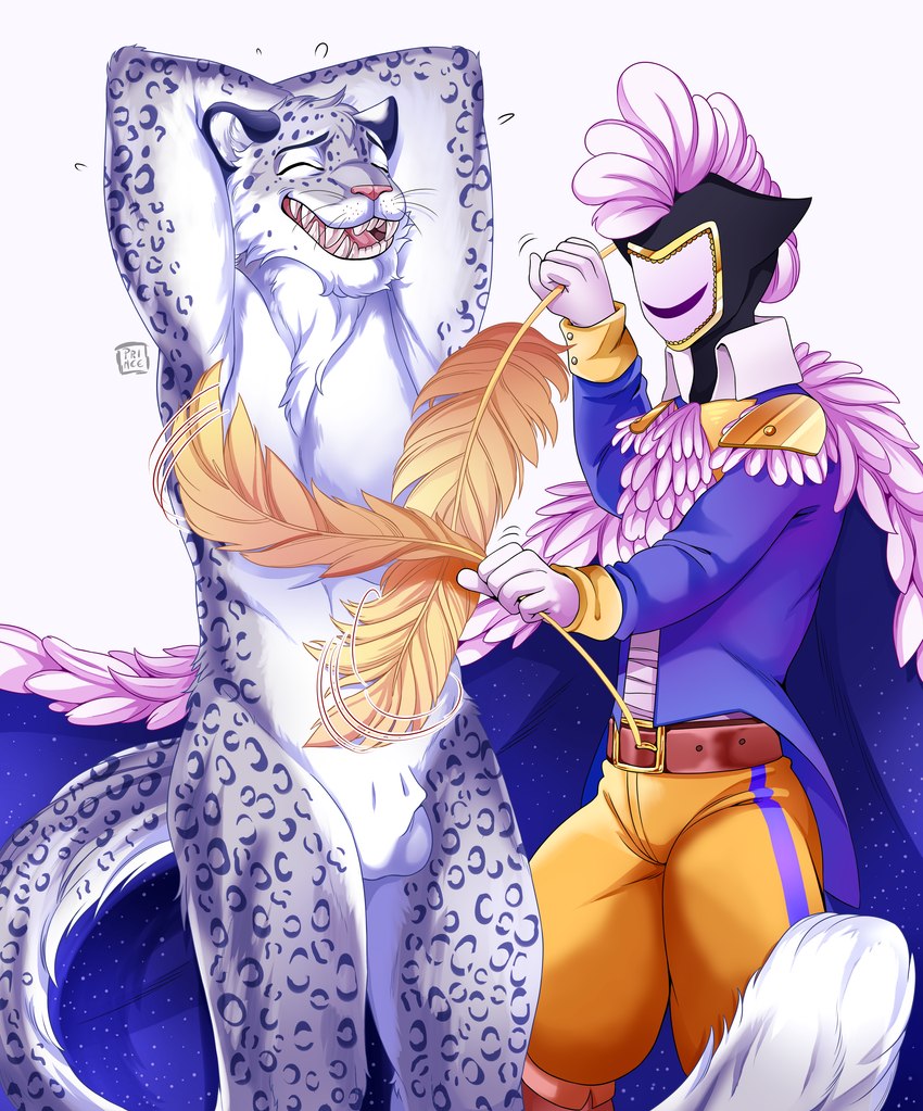 animal_genitalia anthro duo feathers genitals male male/male prince royalty sheath tickle_torture tickling velvet_knight nej_plumen felid mammal pantherine snow_leopard absurd_res hi_res