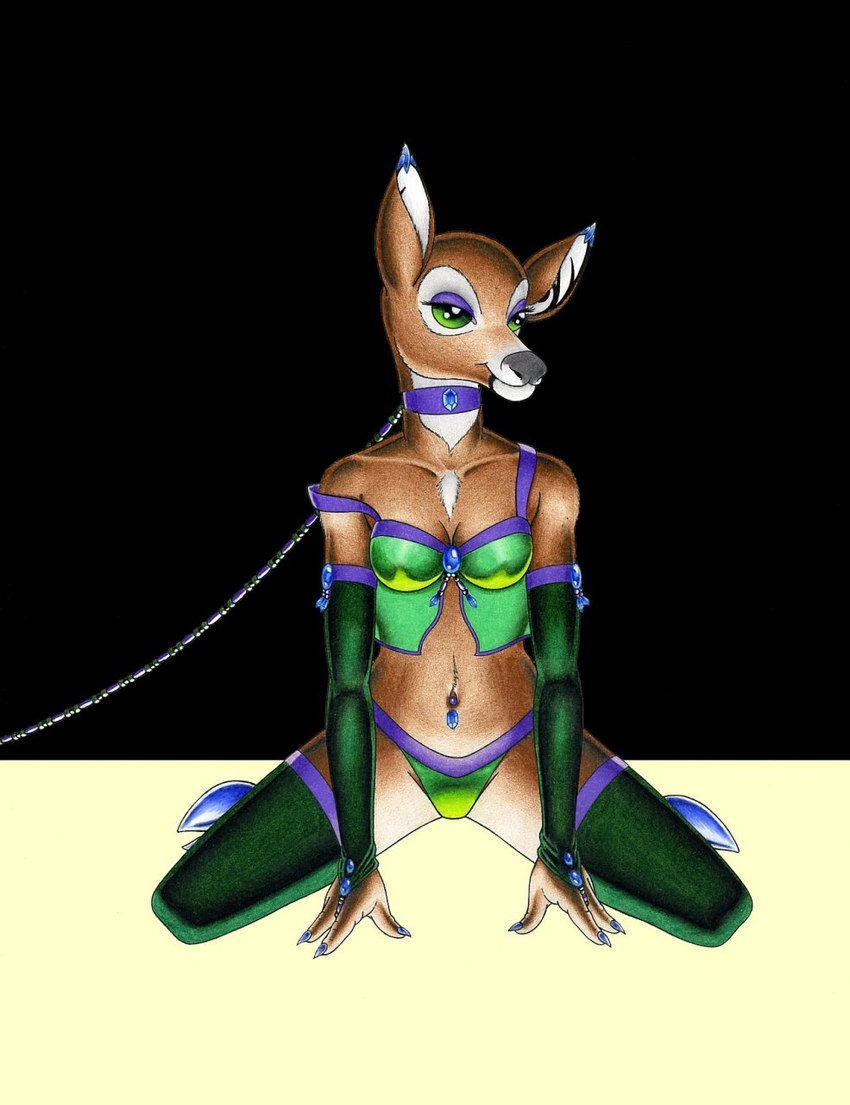 anthro babydoll biped bra clothing collar eyeshadow female fingerless_gloves gloves green_eyes handwear hooves kneeling legwear lingerie makeup navel navel_piercing nightgown panties piercing purple_collar purple_eyeshadow simple_background solo stockings underwear white_background cervidian94 kaneshia deer mammal 2010 hi_res