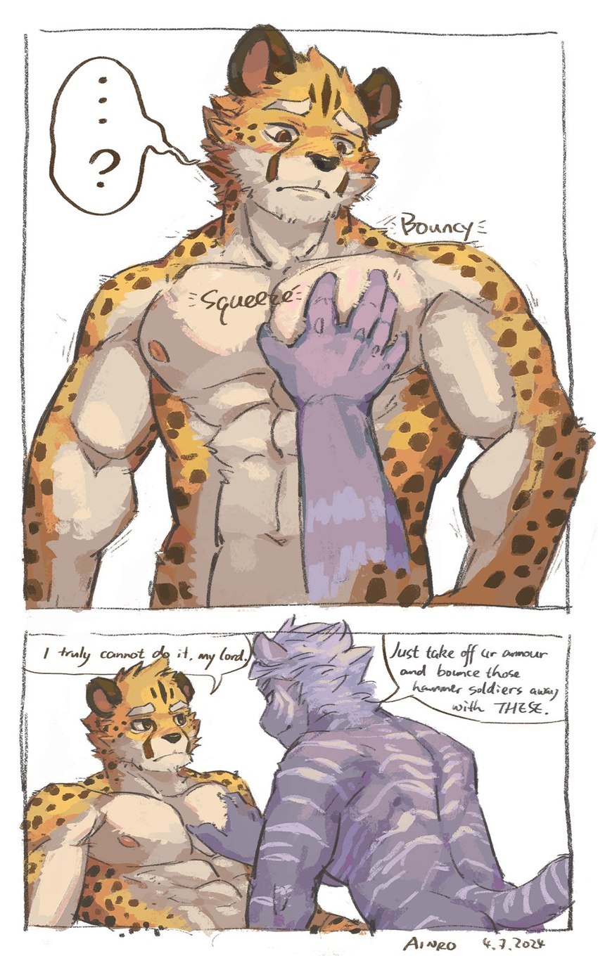 abs anthro biceps blush duo fur male male/male male_anthro markings muscular muscular_anthro muscular_male nipples nude pec_grab pecs purple_body purple_eyes purple_fur simple_background speech_bubble spots spotted_body spotted_fur standing striped_body striped_fur stripes text white_background yellow_body yellow_eyes yellow_fur ainro elysium_above lucky_skebe cheetah felid feline mammal pantherine tiger 5:8 english_text hi_res