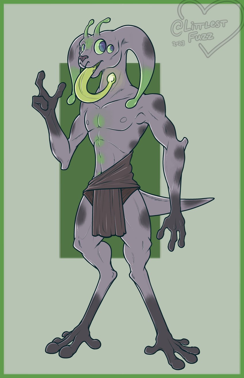 2_noses 3_fingers 4_eyes 5_toes antennae_(anatomy) athletic biped blue_eyes bottomwear clothed clothing collarbone digitigrade feet fingers glowing glowing_tongue green_markings green_sclera grey_body grey_bottomwear grey_clothing grey_loincloth grey_skin loincloth long_tongue looking_at_viewer male markings multi_eye navel nipples open_mouth pecs raised_arm simple_background smile solo spots spotted_markings standing tapering_tail teeth toes tongue tongue_out topless topless_male littlestfuzz tevvel alien 2023 absurd_res digital_drawing_(artwork) digital_media_(artwork) full-length_portrait hi_res portrait