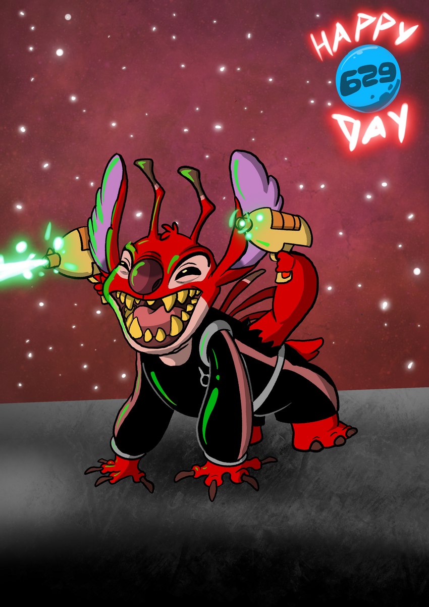 4_arms 4_fingers back_spines black_eyes claws clothing dual_wielding experiment_pod fingers firing_weapon fur head_tuft holding_object holding_weapon male multi_arm multi_limb narrowed_eyes open_mouth open_smile plasma_blaster_(lilo_and_stitch) plasma_gun ranged_weapon red_body red_fur red_nose sharp_teeth small_tail smile solo squint tail teeth text torn_clothing tuft uniform weapon yellow_teeth tombola1993 disney lilo_and_stitch leroy_(lilo_and_stitch) alien experiment_(lilo_and_stitch) 2021 absurd_res english_text hi_res